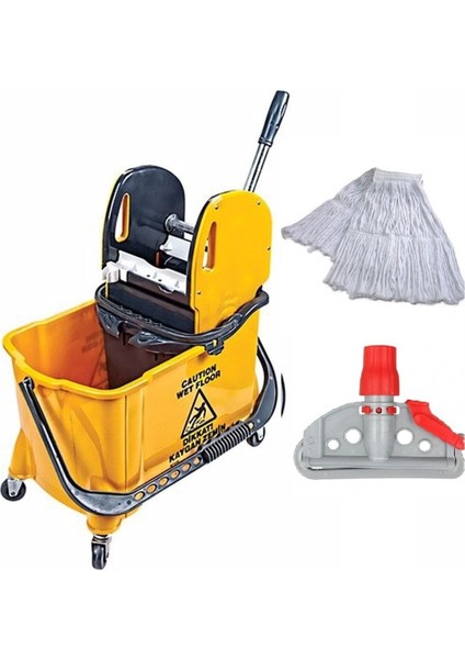 İki Kovalı Çiftli Paspas Arabası ve Islak Mop Aksesuarları Seti