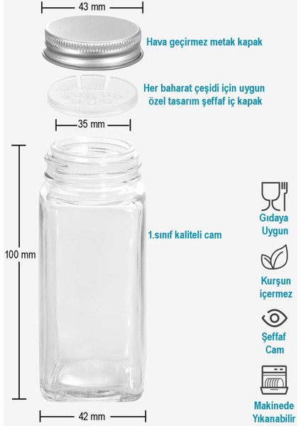 24'lü Cam Baharatlık Seti, Huni, Fırça ve Kalem Hediyeli, 120 ml, Şık Tasarım