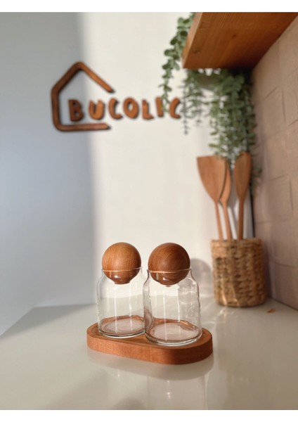 Ahşap Standlı 2'li Top Kapaklı Cam Kavanoz Seti, Pratik ve Şık Saklama Çözümü, 300 ml, 3 Parça