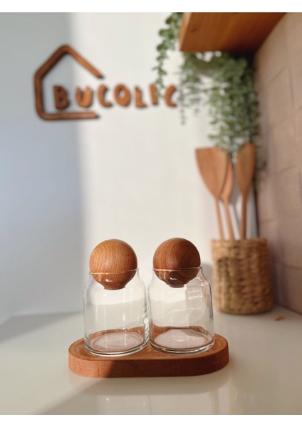 Ahşap Standlı 2'li Top Kapaklı Cam Kavanoz Seti, Pratik ve Şık Saklama Çözümü, 300 ml, 3 Parça fırsatları