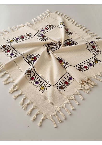 Otantik Desenli El Işi Tahta Baskılı Tokat Işi Kare Masa Örtüsü Runner