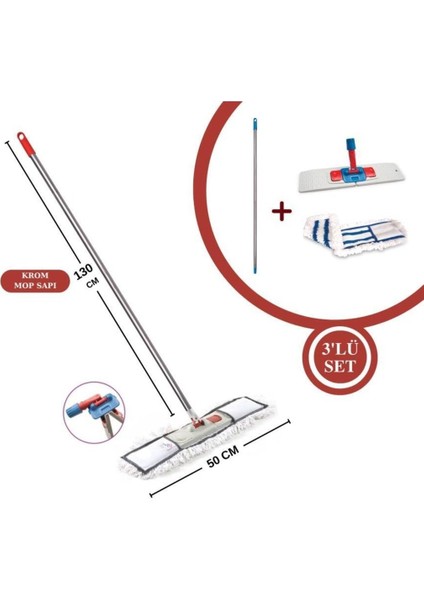 3'lü Temizlik Seti, Krom Sap, Mikrofiber Bez, Mop Aparatı, Yerli, TR Menşei