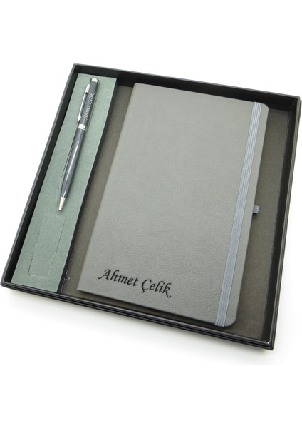 Signator® Codex | N106 Kişiye Özel Defterli Set - Isme Özel Gri Kalem + Isme Özel Gri Defter | Isme Özel Kutusunda Hediyelik Set