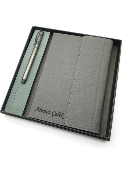 Signator® Codex | N140 Kişiye Özel Defterli Set - Isme Özel Gri Kalem + Isme Özel Gri Defter | Isme Özel Kutusunda Hediyelik Set