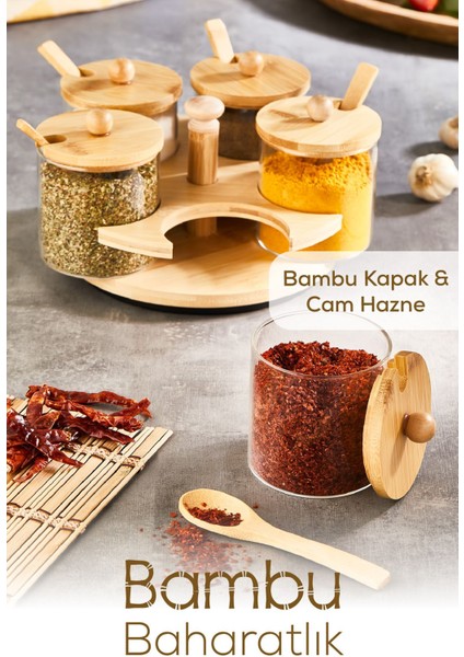 5'li Bambu Standlı Cam Baharatlık Takımı, şık ve kullanışlı, 500 ml ve üzeri kapasite