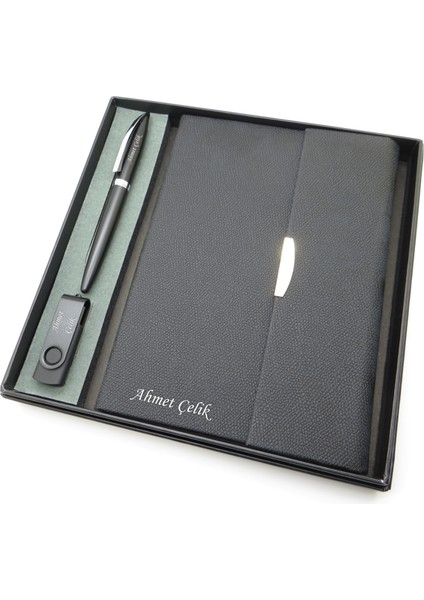 Signator® Codex | N383 Kişiye Özel Defterli Set - Isme Özel Siyah Kalem + Isme Özel Siyah Defter+ Isme Özel 32 GB USB Bellek | Isme Özel Kutusunda Hediyelik Set