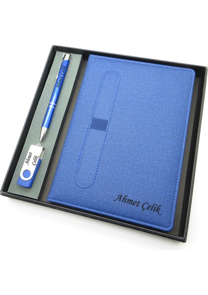 Signator® Codex | N112 Kişiye Özel Defterli Set - Isme Özel Mavi Kalem + Isme Özel Mavi Defter + Isme Özel USB Bellek| Isme Özel Kutusunda Hediyelik Set