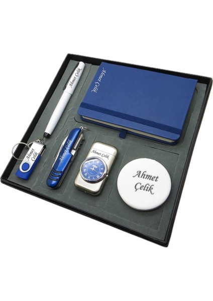 Signator® Lacus | Kişiye Özel Set - 32 Gb. USB Bellek + Saatli Çakmak + Not Defteri + Çok Fonksiyonlu Çakı + Kalem ve El Aynası | Isme Özel Hediyelik Set