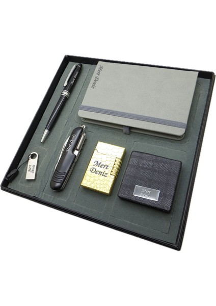 Signator® Felsina | Isme Özel Set - Çakmak + Not Defteri + Fonksiyonlu Çakı + 32 Gb. USB Bellek + Kalem ve El Aynası | Kişiye Özel Hediyelik Set