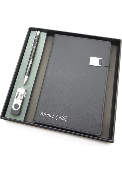 Signator® Codex | N124 Kişiye Özel Defterli Set - Isme Özel Siyah Kalem + Isme Özel Siyah Defter + Isme Özel USB Bellek| Isme Özel Kutusunda Hediyelik Set