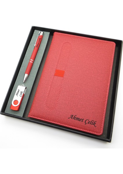 Signator® Codex | N116 Kişiye Özel Defterli Set - Isme Özel Kırmızı Kalem + Isme Özel Kırmızı Defter + Isme Özel USB Bellek| Isme Özel Kutusunda Hediyelik Set