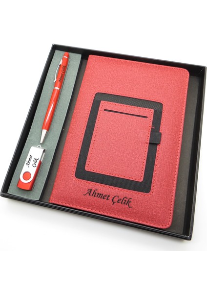 Signator® Codex | N136 Kişiye Özel Defterli Set - Isme Özel Kırmızı Kalem + Isme Özel Kırmızı Defter + Isme Özel 32 GB USB Bellek| Isme Özel Kutusunda Hediyelik Set