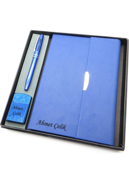 Signator® Codex | N210 Kişiye Özel Defterli Set - Isme Özel Mavi Kalem + Isme Özel Mavi Defter + Isme Özel Mavi Çakmak | Isme Özel Kutusunda Hediyelik Set