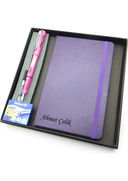 Signator® Codex | N320 Kişiye Özel Defterli Set - Isme Özel Pembe Dolma Kalem + Isme Özel Mor Defter + Yedek Kartuş| Isme Özel Kutusunda Hediyelik Set