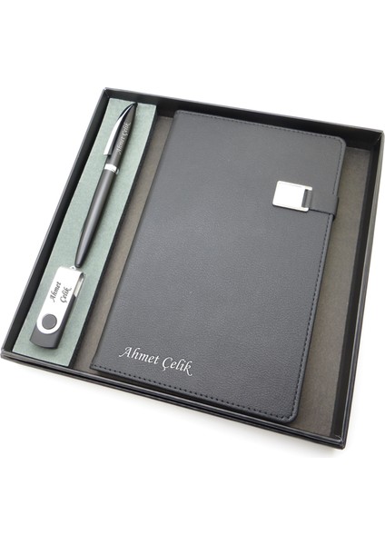 Signator® Codex | N341 Kişiye Özel Defterli Set - Isme Özel Siyah Kalem + Isme Özel Siyah Defter + Isme Özel 32 GB USB Bellek | Isme Özel Kutusunda Hediyelik Set