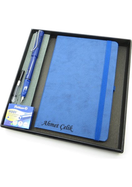 Signator® Codex | N301 Kişiye Özel Defterli Set - Isme Özel Mavi Dolma Kalem + Isme Özel Mavi Defter + Yedek Kartuş| Isme Özel Kutusunda Hediyelik Set