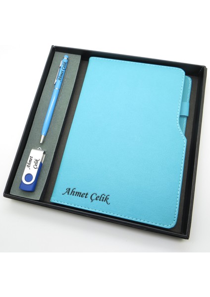 Signator® Codex | N177 Kişiye Özel Defterli Set - Isme Özel Turkuaz Kalem + Isme Özel Turkuaz Defter + Isme Özel 32 GB USB Bellek | Isme Özel Kutusunda Hediyelik Set