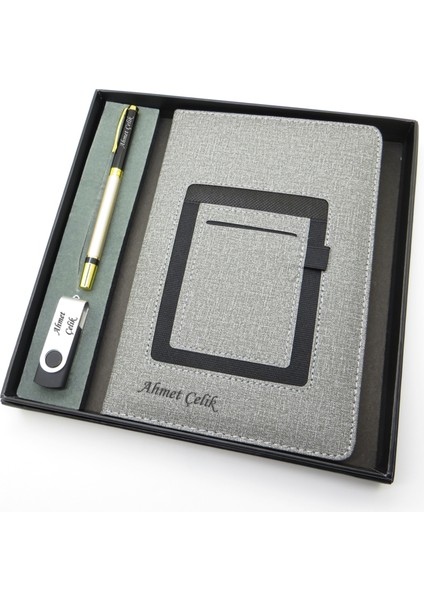 Signator® Codex | N351 Kişiye Özel Defterli Set - Isme Özel Siyah/gold Kalem + Isme Özel Gri Defter + Isme Özel 32 GB USB Bellek | Isme Özel Kutusunda Hediyelik Set