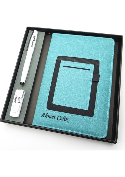 Signator® Codex | N353 Kişiye Özel Defterli Set - Isme Özel Beyaz Kalem + Isme Özel Turkuaz Defter + Isme Özel 32 GB USB Bellek | Isme Özel Kutusunda Hediyelik Set