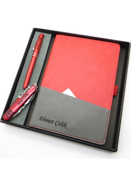 Signator® Codex | N192 Kişiye Özel Defterli Set - Isme Özel Kırmızı Kalem + Isme Özel Kırmızı Defter + Isme Özel Kırmızı Çakı | Isme Özel Kutusunda Hediyelik Set