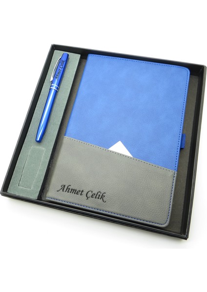 Signator® Codex | N189 Kişiye Özel Defterli Set - Isme Özel Mavi Kalem + Isme Özel Mavi Defter | Isme Özel Kutusunda Hediyelik Set
