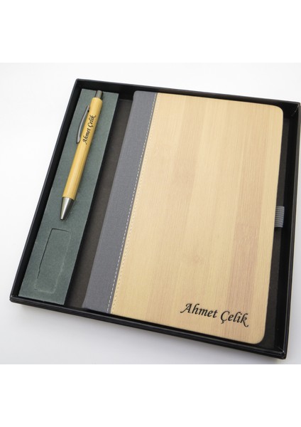 Signator® Codex | N215 Kişiye Özel Defterli Set - Isme Özel Bambu Kalem + Isme Özel Bambu Defter | Isme Özel Kutusunda Hediyelik Set