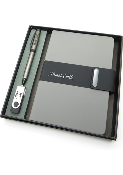 Signator® Codex | N379 Kişiye Özel Defterli Set - Isme Özel Gri Kalem + Isme Özel Gri Defter + Isme Özel 32 GB USB Bellek | Isme Özel Kutusunda Hediyelik Set