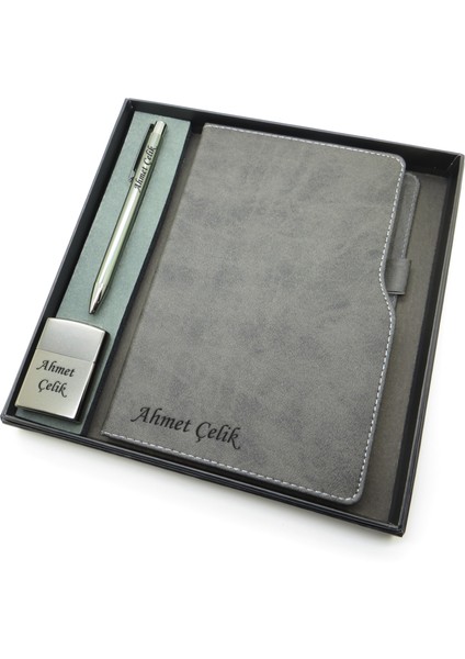 Signator® Codex | N164 Kişiye Özel Defterli Set - Isme Özel Gri Kalem + Isme Özel Gri Defter + Isme Özel Gümüş Çakmak | Isme Özel Kutusunda Hediyelik Set