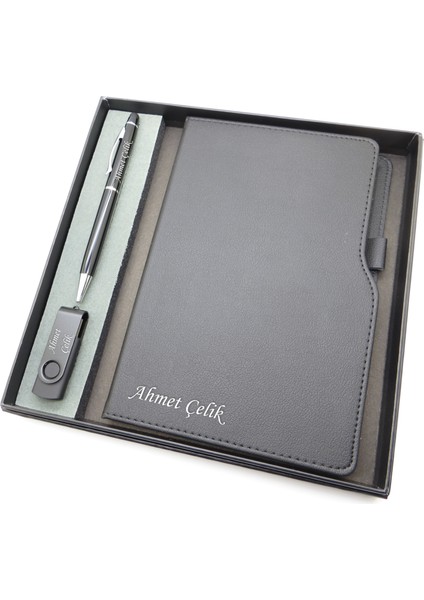 Signator® Codex | N175 Kişiye Özel Defterli Set - Isme Özel Siyah Kalem + Isme Özel Siyah Defter + Isme Özel 32 GB USB Bellek | Isme Özel Kutusunda Hediyelik Set