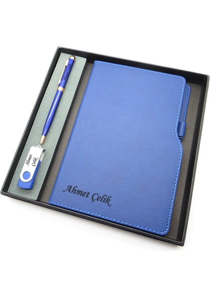 Signator® Codex | N157 Kişiye Özel Defterli Set - Isme Özel Mavi Kalem + Isme Özel Mavi Defter + Isme Özel 32 GB USB Bellek| Isme Özel Kutusunda Hediyelik Set
