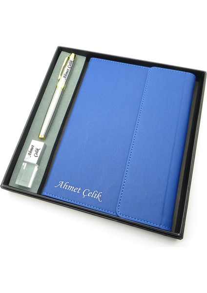 Signator® Codex | N331 Kişiye Özel Defterli Set - Isme Özel Gümüş Kalem + Isme Özel Mavi Defter + Isme Özel 32 GB USB Bellek | Isme Özel Kutusunda Hediyelik Set