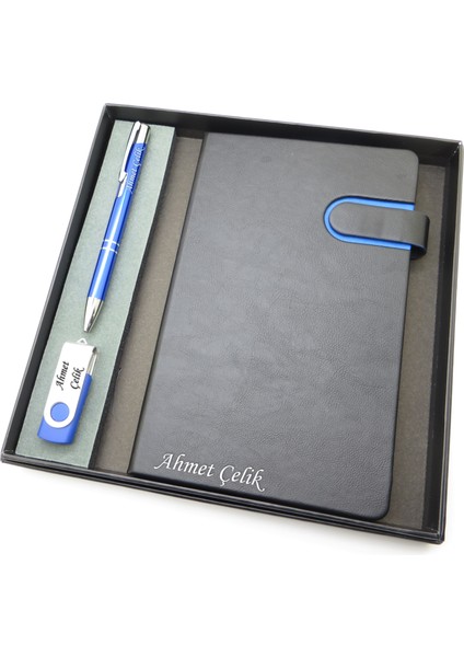 Signator® Codex | N294 Kişiye Özel Defterli Set - Isme Özel Mavi Kalem + Isme Özel Siyah Defter + Isme Özel 32 GB USB Bellek| Isme Özel Kutusunda Hediyelik Set