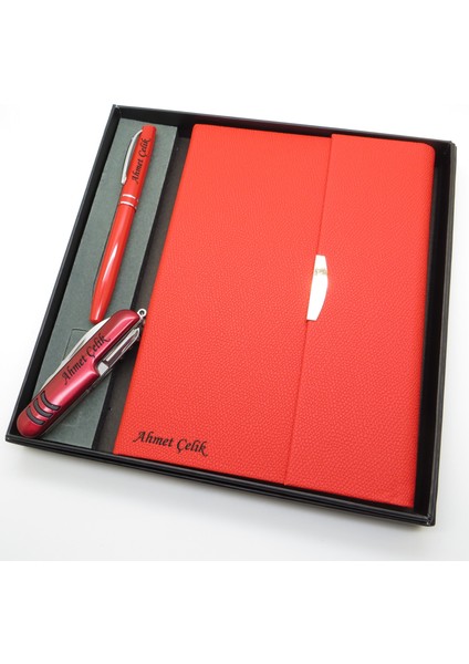 Signator® Codex | N206 Kişiye Özel Defterli Set - Isme Özel Kırmızı Kalem + Isme Özel Kırmızı Defter + Isme Özel Kırmızı Çakı | Isme Özel Kutusunda Hediyelik Set