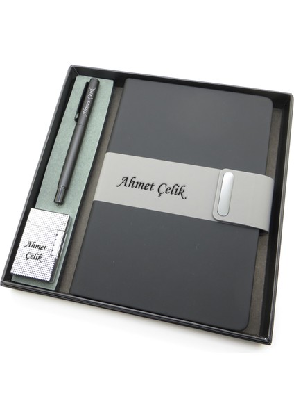 Signator® Codex | N228 Kişiye Özel Defterli Set - Isme Özel Siyah Kalem + Isme Özel Siyah Defter + Isme Özel Gümüş Çakmak | Isme Özel Kutusunda Hediyelik Set