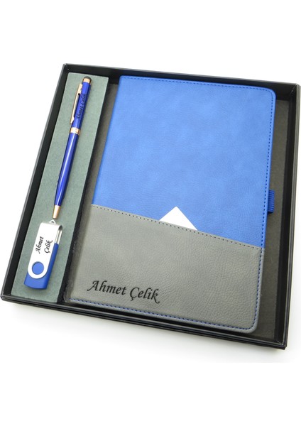 Signator® Codex | N188 Kişiye Özel Defterli Set - Isme Özel Mavi Kalem + Isme Özel Mavi Defter + Isme Özel 32 GB USB Bellek| Isme Özel Kutusunda Hediyelik Set