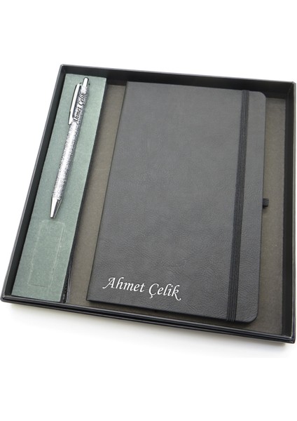 Signator® Codex | N263 Kişiye Özel Defterli Set - Isme Özel Gri Kalem + Isme Özel Siyah Defter | Isme Özel Kutusunda Hediyelik Set