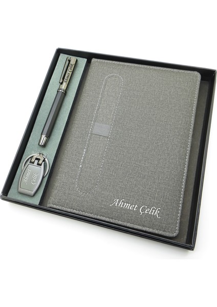 Signator® Codex | N343 Kişiye Özel Defterli Set - Isme Özel Gri Kalem + Isme Özel Gri Defter + Isme Özel Anahtarlık | Isme Özel Kutusunda Hediyelik Set