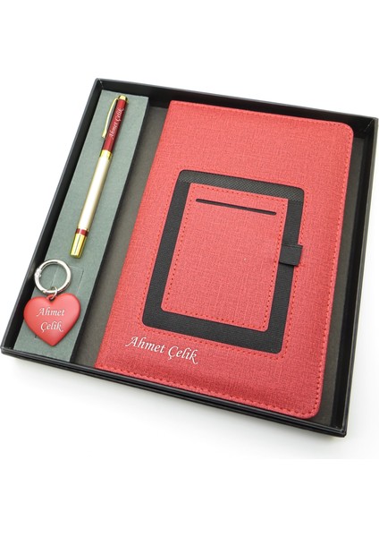 Signator® Codex | N348 Kişiye Özel Defterli Set - Isme Özel Gold Kalem + Isme Özel Kırmızı Defter + Isme Özel Anahtarlık | Isme Özel Kutusunda Hediyelik Set