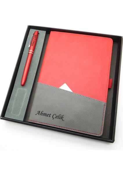 Signator® Codex | N191 Kişiye Özel Defterli Set - Isme Özel Kırmızı Kalem + Isme Özel Kırmızı Defter | Isme Özel Kutusunda Hediyelik Set
