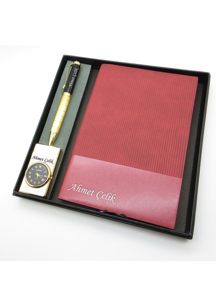 Signator® Codex | N326 Kişiye Özel Defterli Set - Isme Özel Gold Kalem + Isme Özel Kırmızı Defter + Isme Özel Gold Çakmak | Isme Özel Kutusunda Hediyelik Set