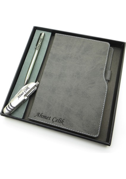 Signator® Codex | N165 Kişiye Özel Defterli Set - Isme Özel Gri Kalem + Isme Özel Gri Defter + Isme Özel Gümüş Çakı | Isme Özel Kutusunda Hediyelik Set
