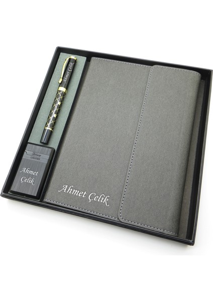 Signator® Codex | N328 Kişiye Özel Defterli Set - Isme Özel Siyah Kalem + Isme Özel Gri Defter + Isme Özel Siyah Çakmak | Isme Özel Kutusunda Hediyelik Set