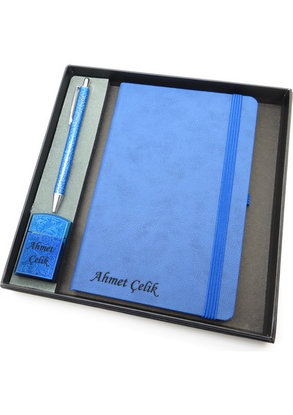 Signator® Codex | N268 Kişiye Özel Defterli Set - Isme Özel Mavi Kalem + Isme Özel Mavi Defter + Isme Özel Mavi Çakmak | Isme Özel Kutusunda Hediyelik Set