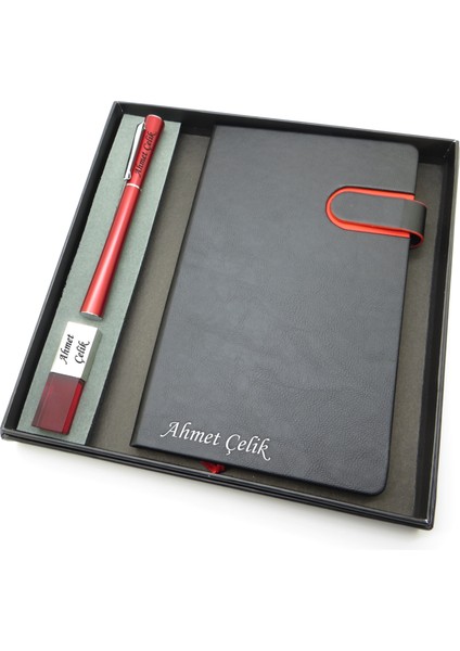 Signator® Codex | N288 Kişiye Özel Defterli Set - Isme Özel Kırmızı Kalem + Isme Özel Siyah Defter + Isme Özel 32 GB USB Bellek| Isme Özel Kutusunda Hediyelik Set