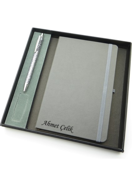 Signator® Codex | N256 Kişiye Özel Defterli Set - Isme Özel Gri Kalem + Isme Özel Gri Defter | Isme Özel Kutusunda Hediyelik Set