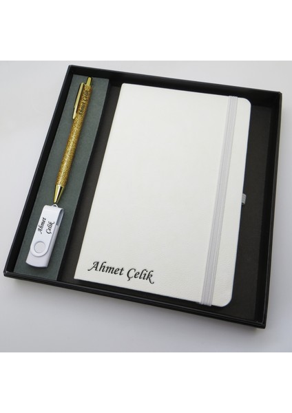 Signator® Codex | N244 Kişiye Özel Defterli Set - Isme Özel Gold Kalem + Isme Özel Beyaz Defter+ Isme Özel 32 GB USB Bellek | Isme Özel Kutusunda Hediyelik Set