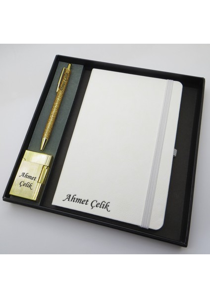 Signator® Codex | N245 Kişiye Özel Defterli Set - Isme Özel Gold Kalem + Isme Özel Beyaz Defter+ Isme Özel Gold Çakmak | Isme Özel Kutusunda Hediyelik Set