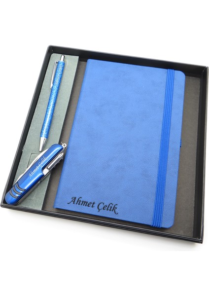 Signator® Codex | N269 Kişiye Özel Defterli Set - Isme Özel Mavi Kalem + Isme Özel Mavi Defter + Isme Özel Mavi Çakı| Isme Özel Kutusunda Hediyelik Set