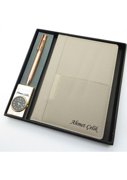 Signator® Codex | N279 Kişiye Özel Defterli Set - Isme Özel Rose Gold Kalem + Isme Özel Bej Defter + Isme Özel Gold Çakmak| Isme Özel Kutusunda Hediyelik Set