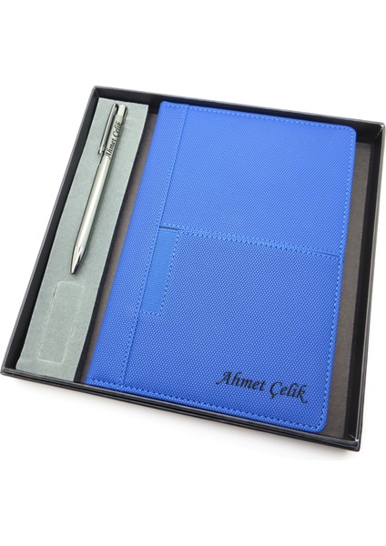 Signator® Codex | N270 Kişiye Özel Defterli Set - Isme Özel Gümüş Kalem + Isme Özel Mavi Defter | Isme Özel Kutusunda Hediyelik Set
